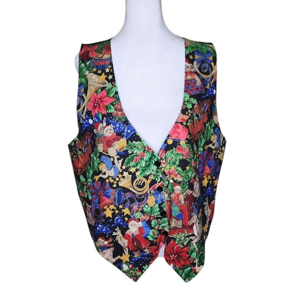 Vintage 111 Main Christmas Teddy Bear Angels Holiday Vest Womens Size XL Multi
